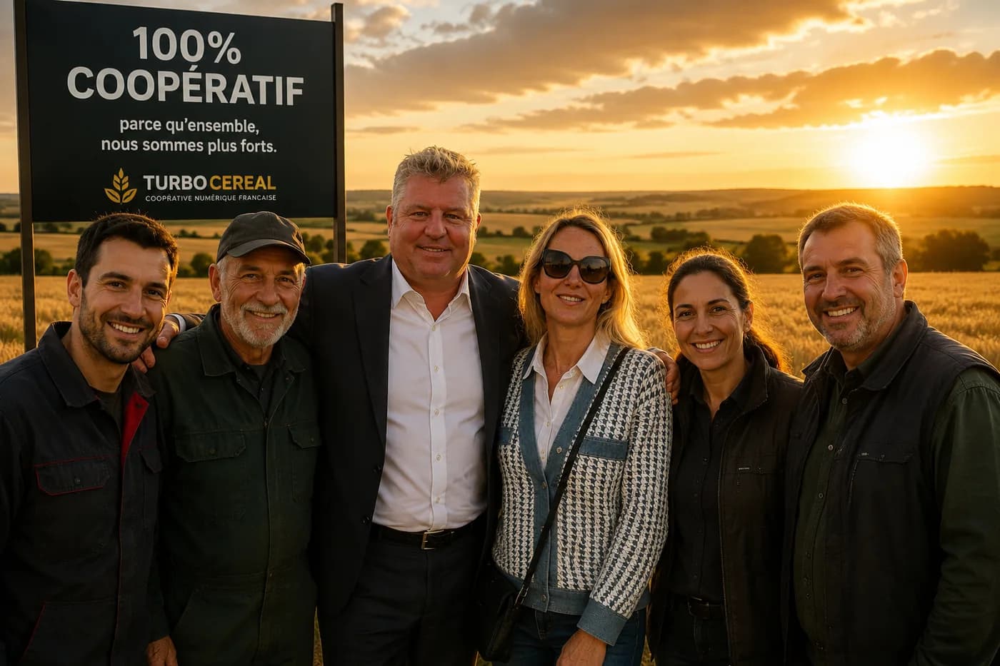 Soci Turbo Cereal riuniti in un campo al tramonto