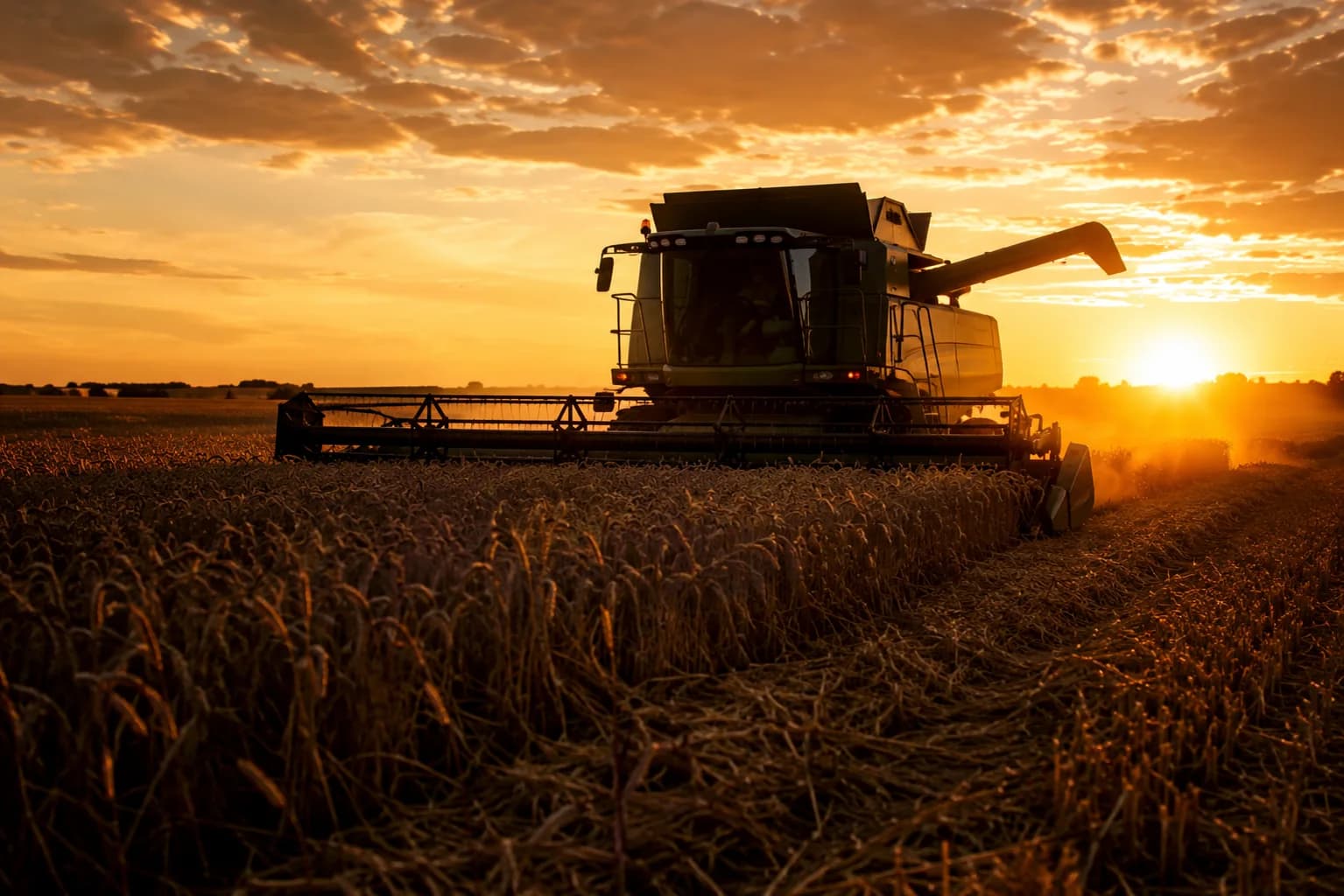 Mietitrebbia che raccoglie un campo di grano al tramonto